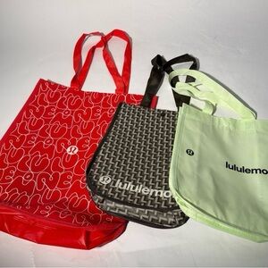 lululemon athletica shopper bag trio (large red bubble letters, holiday, green)